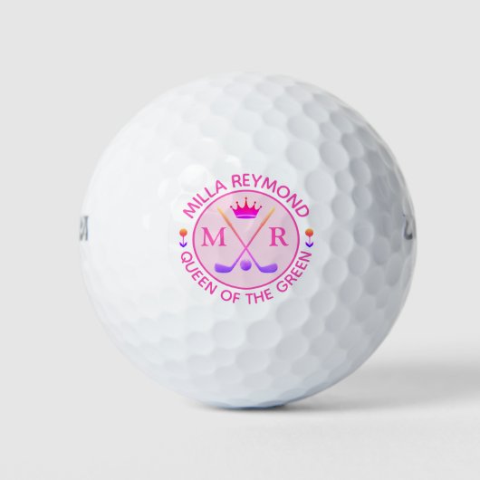Koningin van het Groen. Roze monogram Golfballen (Voorkant)
