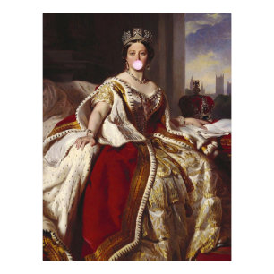 KONINGIN VICTORIA DIE EEN ROZE KAUWGUMBLAAS BLAAS  FOTO AFDRUK