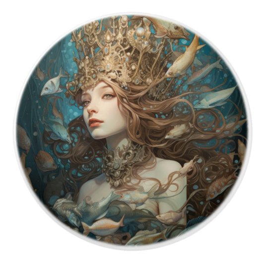 Koningin Zeemeermin en vist onder het Zee Keramische Knop (Voorkant)