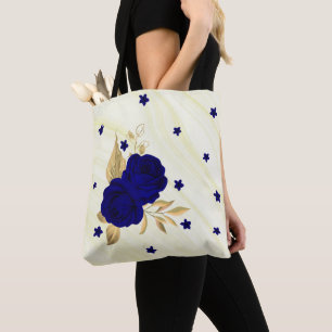 Koningsblauw bloemengouden bladeren marmeren canva tote bag
