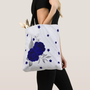 Koningsblauw bloemenzilveren bladeren marmeren can tote bag