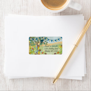 Koningsblauw Bunting Vintage Liefdesvogels Damast Etiket