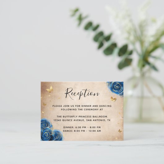 Koningsblauw en gouden roos elegante details informatiekaartje (Staand voorkant)