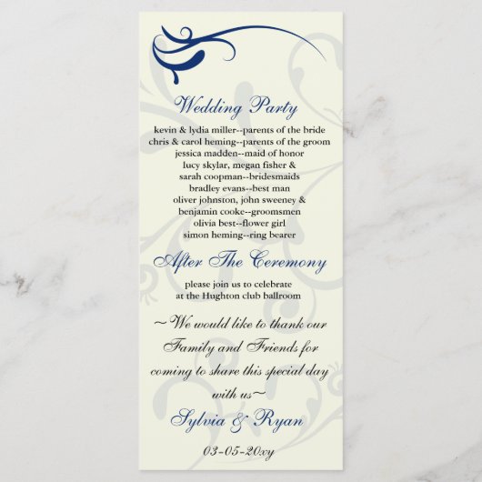 koningsblauw en ivoor Trouwprogramma Rack Kaart (Achterkant)