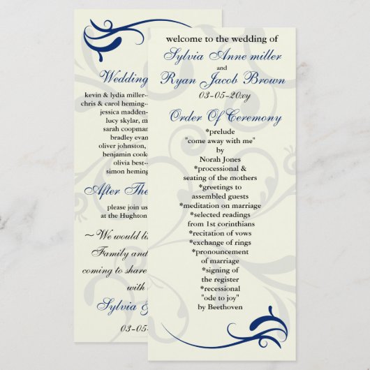 koningsblauw en ivoor Trouwprogramma Rack Kaart (Voorkant / Achterkant)