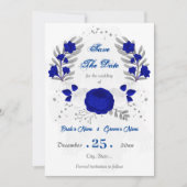 koningsblauw en witte bloemen zilver botanisch save the date (Voorkant)