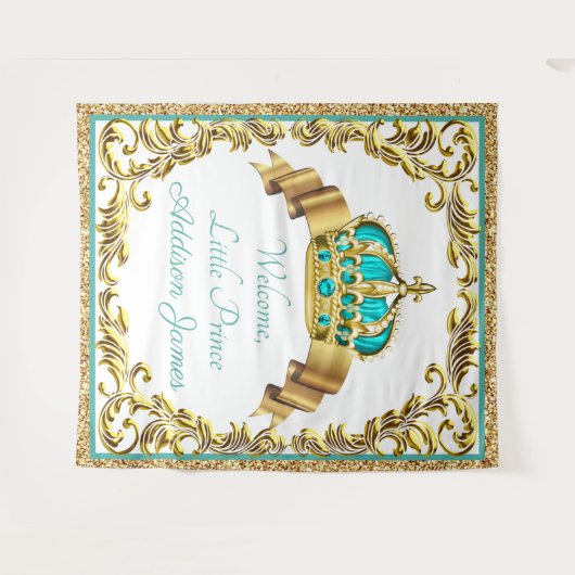 Koningsblauw Gouden Prince Baby Shower XL Achtergr Wandkleed (Voorkant (horizontaal))