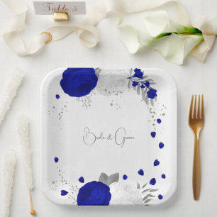 koningsblauw & witte bloemen zilver papieren bordje