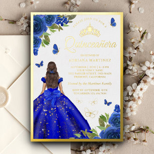 Koningsblauwe bloemenjurk Vlinder Quinceanera Goud Folie Uitnodiging
