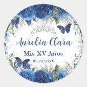 Koningsblauwe bloemrozen vlinders zilveren kroon ronde sticker (Voorkant)