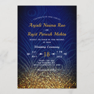 Koningsblauwe en gouden pauwenveer Indische bruilo Kaart