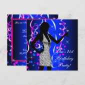 Koningsblauwe en knalroze 21e verjaardagsfeestje kaart (Voorkant / Achterkant)