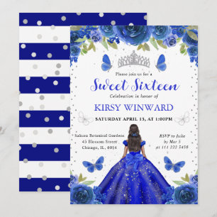 Koningsblauwe jurk donkere huid prinses Sweet 16 Kaart