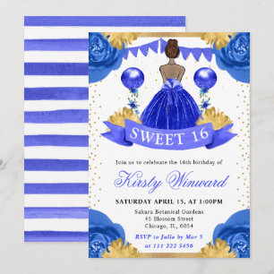 Koningsblauwe jurk donkere huid prinses Sweet 16 Kaart