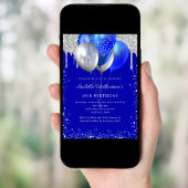 Koningsblauwe zilveren glinsterballonnen verjaarda kaart