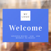 Koninklijk blauw bedrijfslogo welkom openingsuren raamsticker (Vel 2)