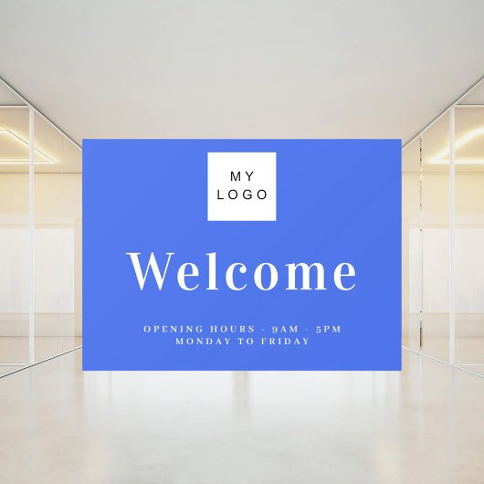 Koninklijk blauw bedrijfslogo welkom openingsuren raamsticker