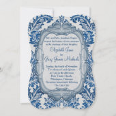Koninklijk blauw bladerdak damast monogram bruilof kaart (Voorkant)