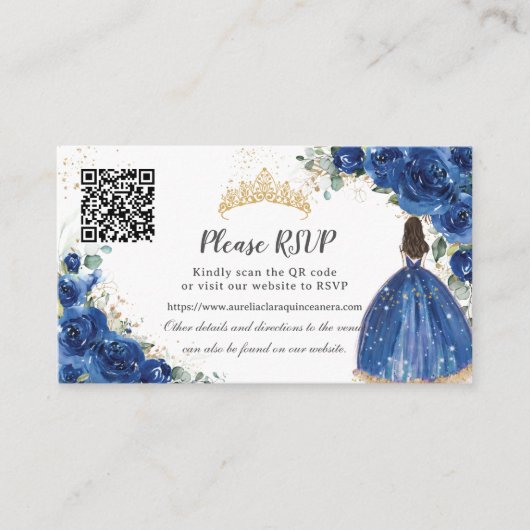 Koninklijk Blauw Bloemen Goud Quinceañera QR Code Informatiekaartje (Voorkant)