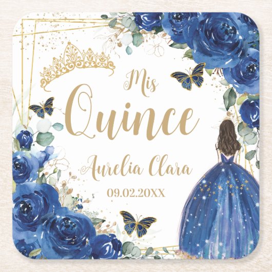 Koninklijk Blauw Bloemen Prinses Goud Quinceañera  Kartonnen Onderzetters (Voorkant)