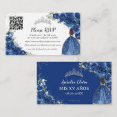 Koninklijk Blauw Bloemen Zilver Quinceañera QR Cod Informatiekaartje (Voorkant / Achterkant)