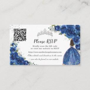 Koninklijk Blauw Bloemen Zilver Quinceañera QR Cod Informatiekaartje