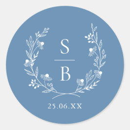 Koninklijk Blauw Botanisch Monogram Krans Bruiloft Ronde Sticker