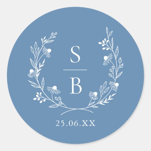 Koninklijk Blauw Botanisch Monogram Krans Bruiloft Ronde Sticker (Voorkant)