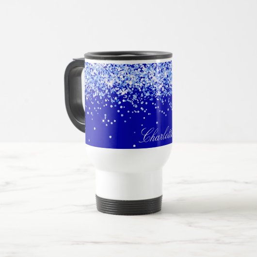 Koninklijk blauw confetti naam script reisbeker (Voorkant links)