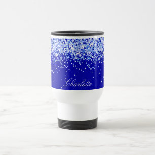 Koninklijk blauw confetti naam script reisbeker