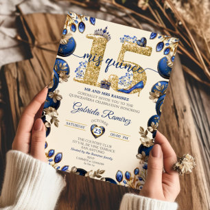 Koninklijk Blauw en Crème Mis Quince 15 Quinceañer Kaart