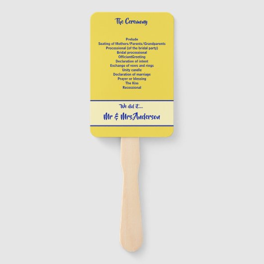 Koninklijk blauw en geel Bruiloft Handwaaier (Achterkant)