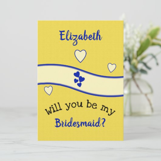 Koninklijk blauw en geel wordt mijn bruidsmeisje kaart (Staand voorkant)