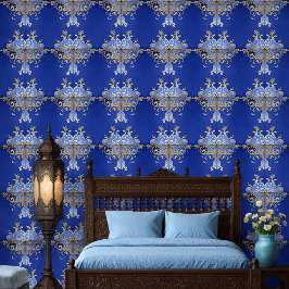 Koninklijk Blauw en Goud Arabesk Sierpatroon Behang