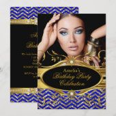 Koninklijk Blauw en goud Chevron Diamond Foto Birt Kaart (Voorkant / Achterkant)