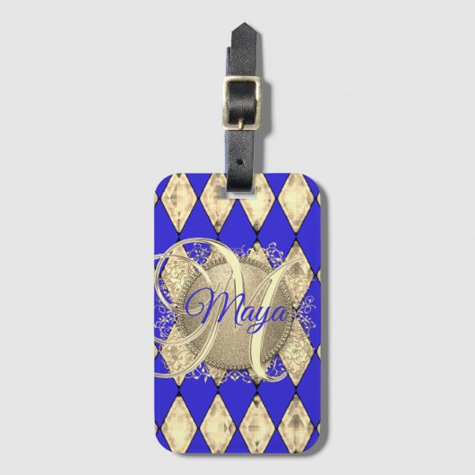 Koninklijk Blauw en Goud Glam Monogram Bagagelabel (Voorkant (verticaal))
