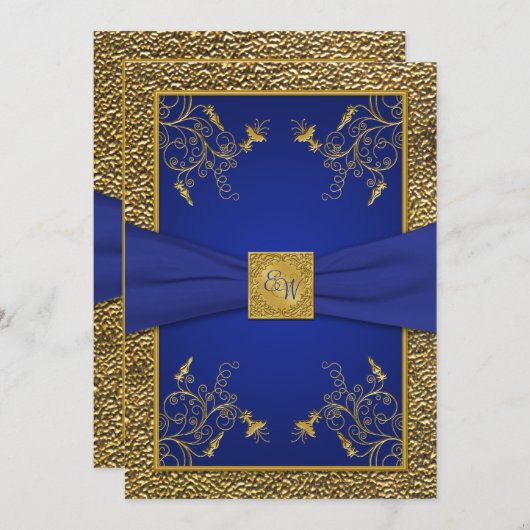 Koninklijk Blauw en Goud Monogram Bruiloft Uitnodi Kaart (Voorkant / Achterkant)