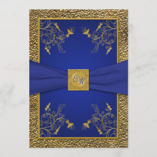 Koninklijk Blauw en Goud Monogram Bruiloft Uitnodi Kaart