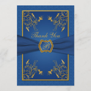 Koninklijk Blauw en Goud Monogram Dank u Kaart