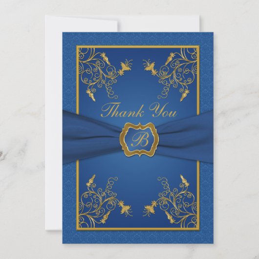 Koninklijk Blauw en Goud Monogram Dank u Kaart (Voorkant)