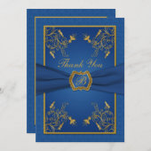 Koninklijk Blauw en Goud Monogram Dank u Kaart (Voorkant / Achterkant)