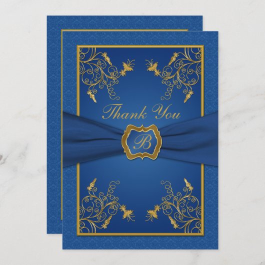 Koninklijk Blauw en Goud Monogram Dank u Kaart (Voorkant / Achterkant)