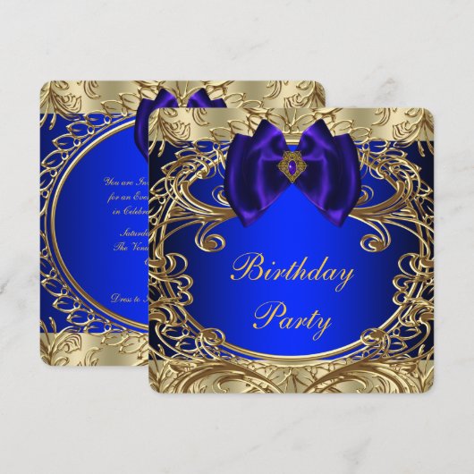 Koninklijk blauw en goud verjaardagsfeest kaart (Voorkant / Achterkant)