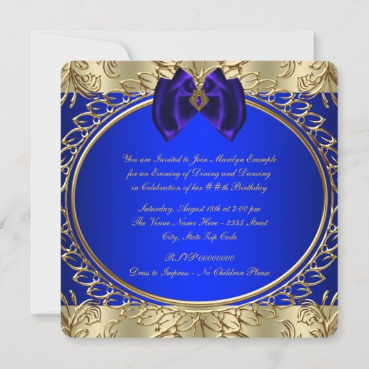 Koninklijk blauw en goud verjaardagsfeest kaart (Achterkant)