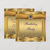 Koninklijk blauw en goud verjaardagsfeest kaart (Voorkant / Achterkant)