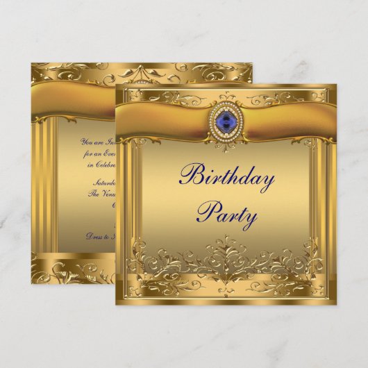 Koninklijk blauw en goud verjaardagsfeest kaart (Voorkant / Achterkant)
