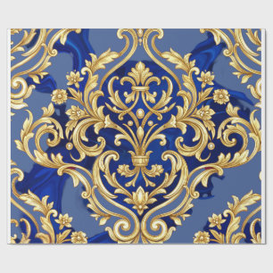 Koninklijk Blauw en Gouden Barok Damast Patroon Cadeaupapier