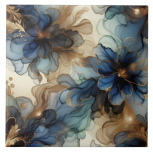Koninklijk Blauw en Gouden Bloemalcoholinkt Tegeltje