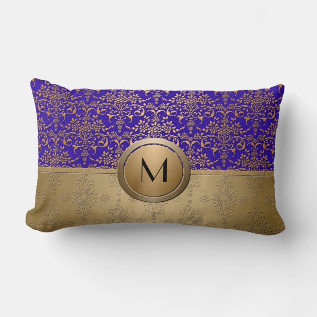 Koninklijk Blauw en Gouden Monogramdamast Kussen (Voorkant)