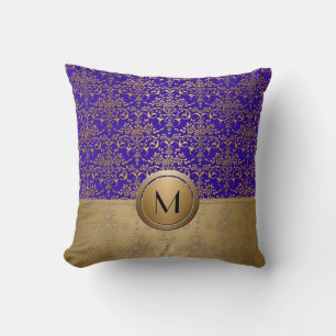 Koninklijk Blauw en Gouden Monogramdamast Kussen